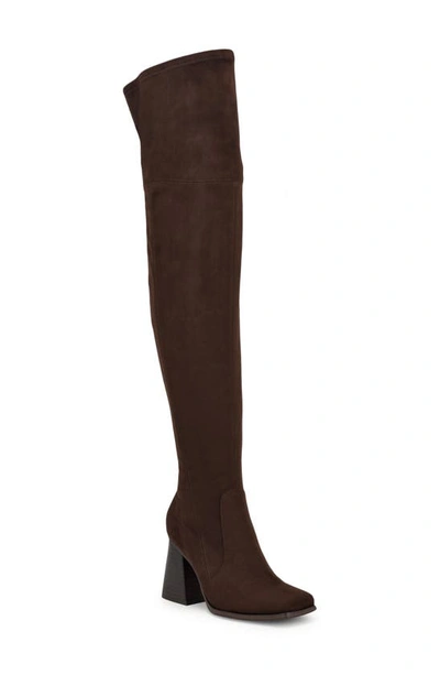 Nine West Women's Begone Block Heel Over The Knee Dress Boots In Dark Brown- Faux Suede