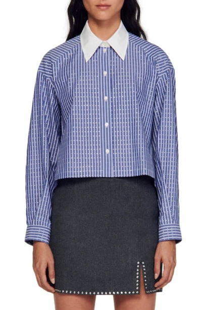 Sandro Rhinestone-embellished Striped Cotton Shirt In Bleu_anthracite