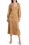 Moon River Cutout Long Sleeve Satin Midi Dress In Bronze