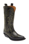 Ganni 40mm Mid Shaft Embroidered Western Boots In Black