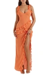 House Of Cb Pixie Ruffle Georgette Body-con Cocktail Dress In Flame Orange