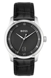 Hugo Boss Men Principle Quartz Basic Calendar Black Leather Watch 41mm In Black