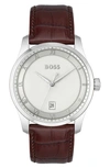 Hugo Boss Men Principle Quartz Basic Calendar Brown Leather Watch 41mm In Silver
