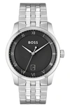 Hugo Boss Men Principle Quartz Basic Calendar Silver-tone Stainless Steel Watch 41mm In Black