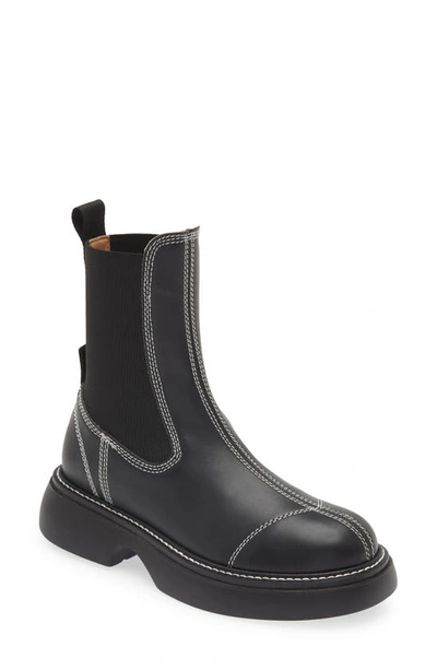 Ganni Topstitched Leather Chelsea Boots In Black