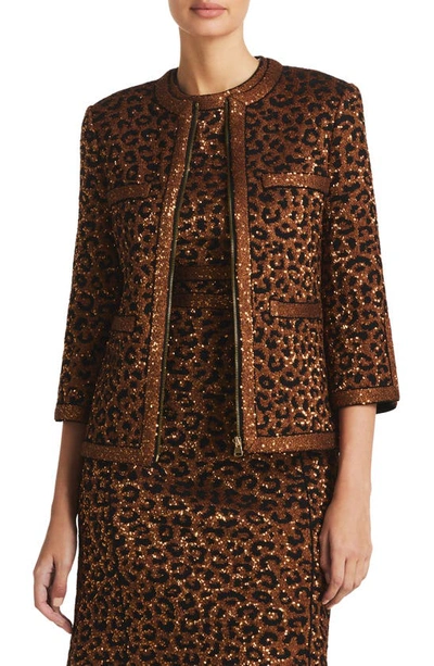 St. John Leopard Paillette Knit Jacket In Caramel Copper Multi