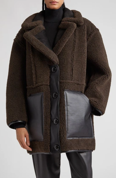 Stand Studio Tory Faux Shearling Jacket With Faux Leather Trim In Ash Brown/ Black