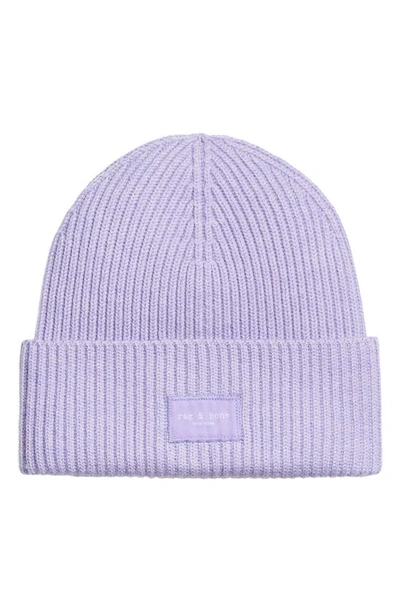 Rag & Bone Blake Logo Patch Wool Blend Rib Beanie In Lavender