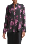Vince Begonia Print Raw Neck Silk Blouse In Wine