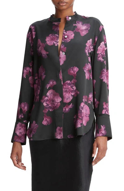 Vince Begonia Print Raw Neck Silk Blouse In Wine