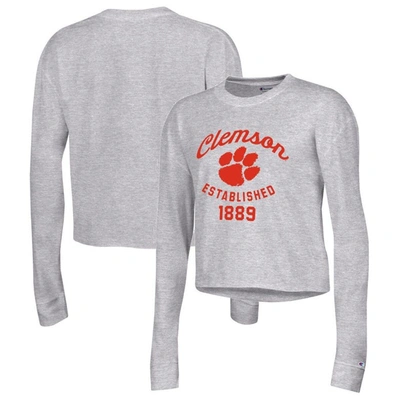 Champion Grey Clemson Tigers Boyfriend Cropped Long Sleeve T-shirt