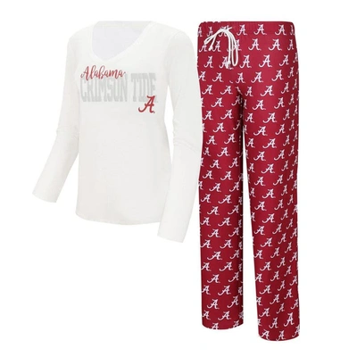 Concepts Sport White/crimson Alabama Crimson Tide Long Sleeve V-neck T-shirt & Gauge Pants Sleep Se In White,crimson