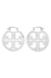 Tory Burch Small Miller Logo Hoop Earrings In Tory Silver
