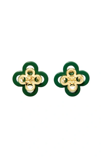 Tory Burch Kira Clover Stacked Enamel Stud Earring In Tory Gold/green