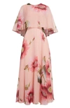 GIAMBATTISTA VALLI FLORAL CAPE OVERLAY SILK MIDI DRESS