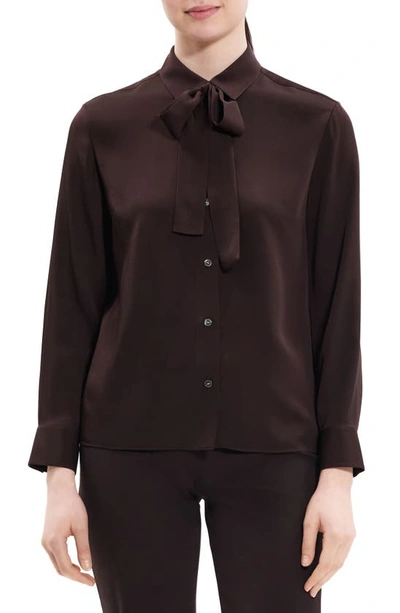 Theory Silk Tie Neck Blouse In Brown