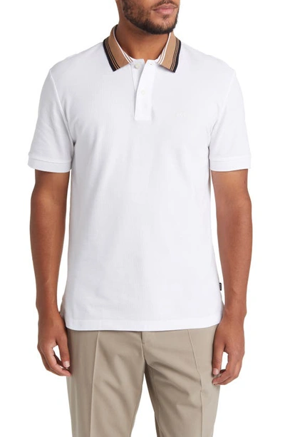 Hugo Boss Cotton-piqu Slim-fit Polo Shirt With Striped Collar In White