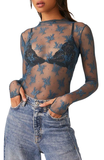 Free People Lady Lux Floral Mesh Layering Top In Night Swim