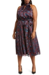 Anne Klein Floral Twist Neck Keyhole Midi Dress In Titian Red / Juniper Multi
