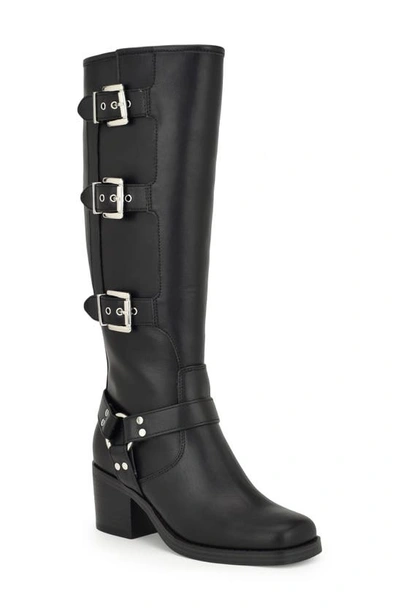 Nine West Women's Karry Motorcycle Block Heel Knee-high Moto Boots In Black