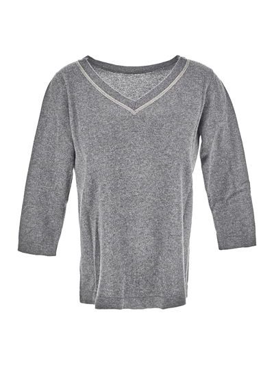 Fabiana Filippi Long-sleeved V-neck Sweater In Platinum Yarn In Wool, Cashmere And Silk With Elegant Shiny Monili De In Grey