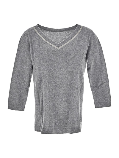 Fabiana Filippi Long-sleeved V-neck Jumper In Platinum Yarn In Wool, Cashmere And Silk With Elegant Shiny Monili De In Grey