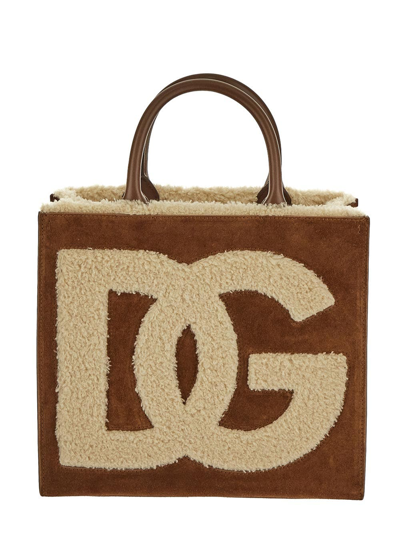 Dolce & Gabbana Logo-embossed Small Shearling Tote Bag In Brown