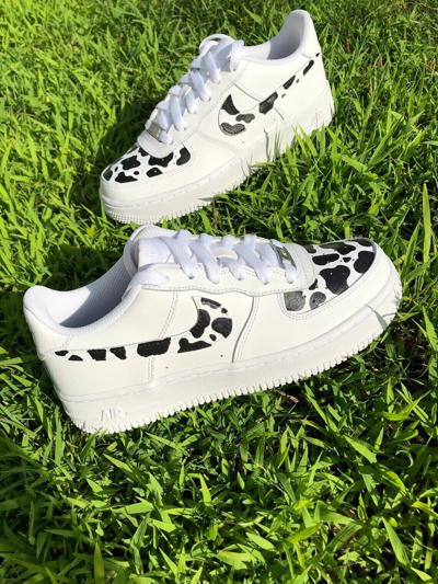 Pre-owned Nike Air Force 1 Cow Print Custom Hand Painted Swoosh Black White Beach Shoes