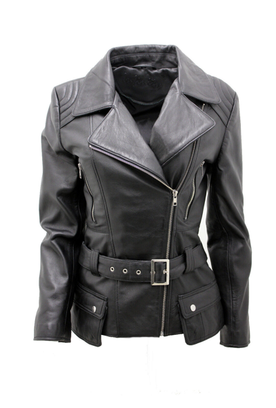 Pre-owned Infinity Ladies Black Long Feminine Leather Biker Jacket