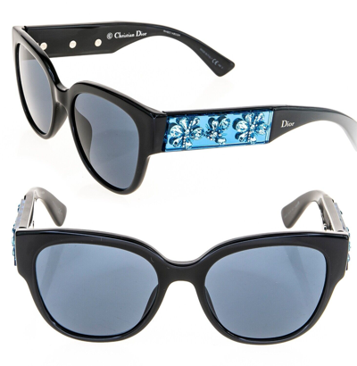 Pre-owned Dior Christian  Mercurial Black Blue Crystal Floral Rhinestone Chunky Sunglasses In Gray