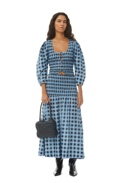 Ganni Checkered Cotton Silk Long Smock Skirt In Alaskan Blue