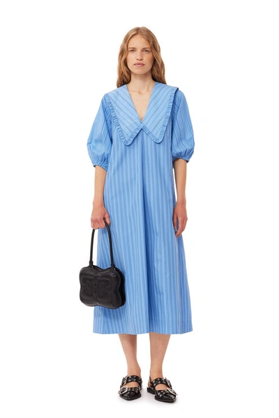 Ganni Re-cut Striped Cotton V-neck Maxi Dress In Silver Lake Blue