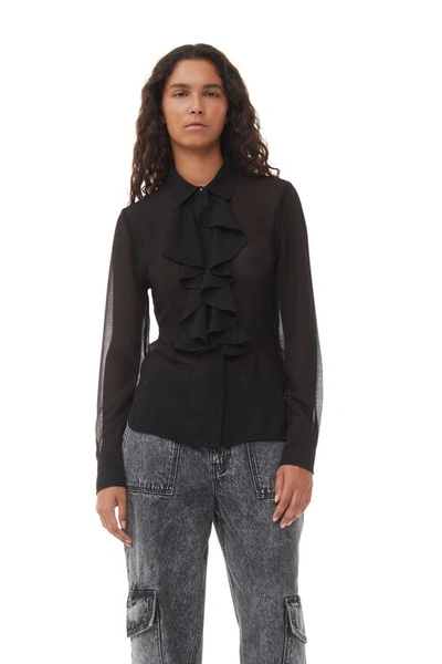 GANNI GANNI BLACK CHIFFON RUFFLE SHIRT - SIZE 32