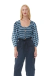 Ganni Checkered Cotton Silk Blouse In Alaskan Blue
