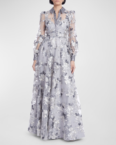 Badgley Mischka Floral-embroidered Sequin Shirt Gown In Grey