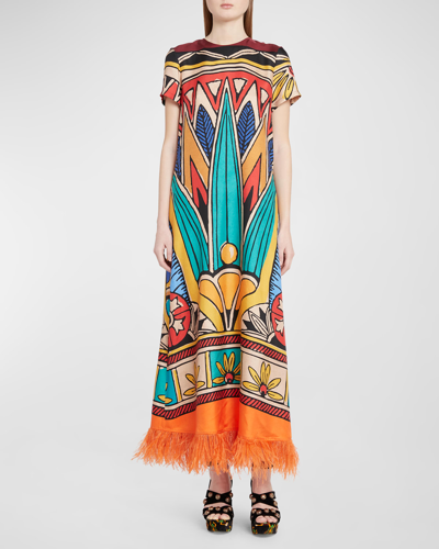 La Doublej Printed Swing Dress With Feather Trim In Philae