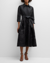 RICKIE FREEMAN FOR TERI JON ORGANZA JACQUARD & TAFFETA MIDI SHIRTDRESS