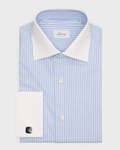 Brioni Men's Contrast Collar/cuff Stripe Dress Shirt In Whiteblue