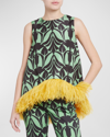 LA DOUBLEJ LA SCALA ABSTRACT-PRINT FEATHER-TRIM SLEEVELESS TOP