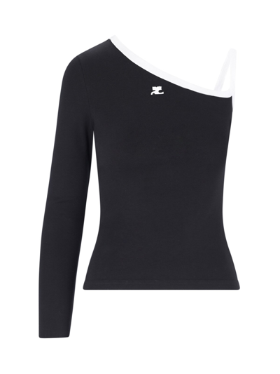 Courrèges Black Asymmetric T-shirt In Black/heritage White