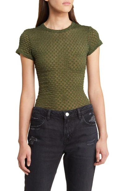 Frame Mesh-lace Crewneck Baby Tee In Khaki