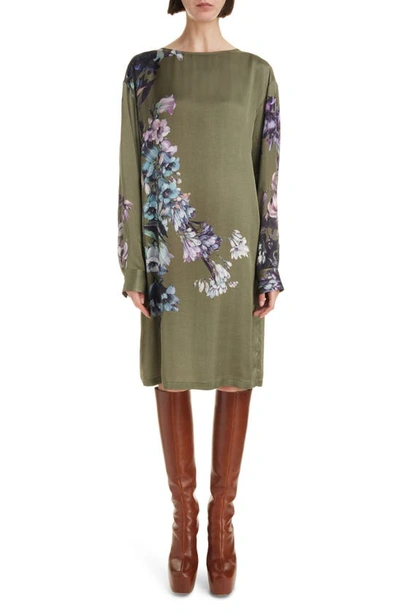Dries Van Noten Duzco Floral-print Satin Dress In Khaki