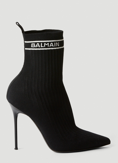 Balmain Logo Print Knit High Heel Boots In Black