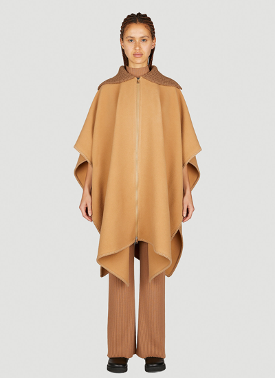 Moncler Wool Long Cape With Knit Collar In Brown