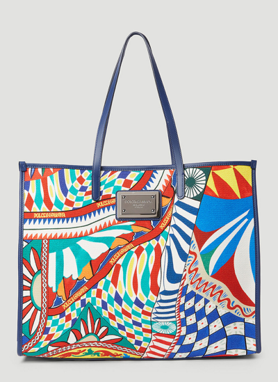 Dolce & Gabbana Carretto Print Canvas Tote Bag In Blue