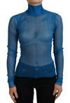 Dolce & Gabbana Blue Mesh Turtleneck Long Sleeve Blouse Top In Blue