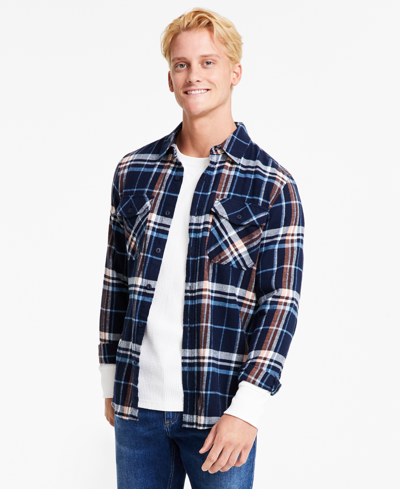 Sun + Stone Men's Phillip Plaid Flannel Shirt, Created For Macy's In Navy Suit