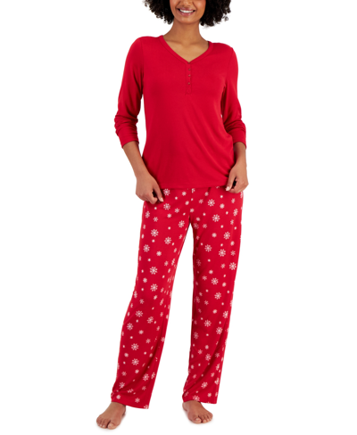 Charter Club Women's Long Sleeve Soft Knit Packaged Pajama Set, Created For Macy's In Ditsy Snowflake