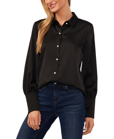 Cece Women's Luxe Satin Imitation Pearl Button Down Blouse In Rich Black