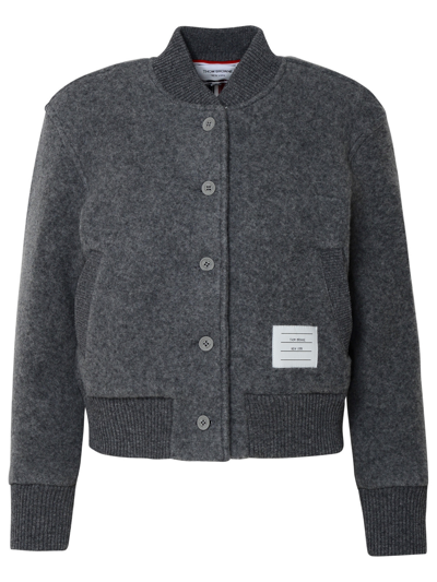 Thom Browne Collarless Buttoned Varsity Jacket In Gray
